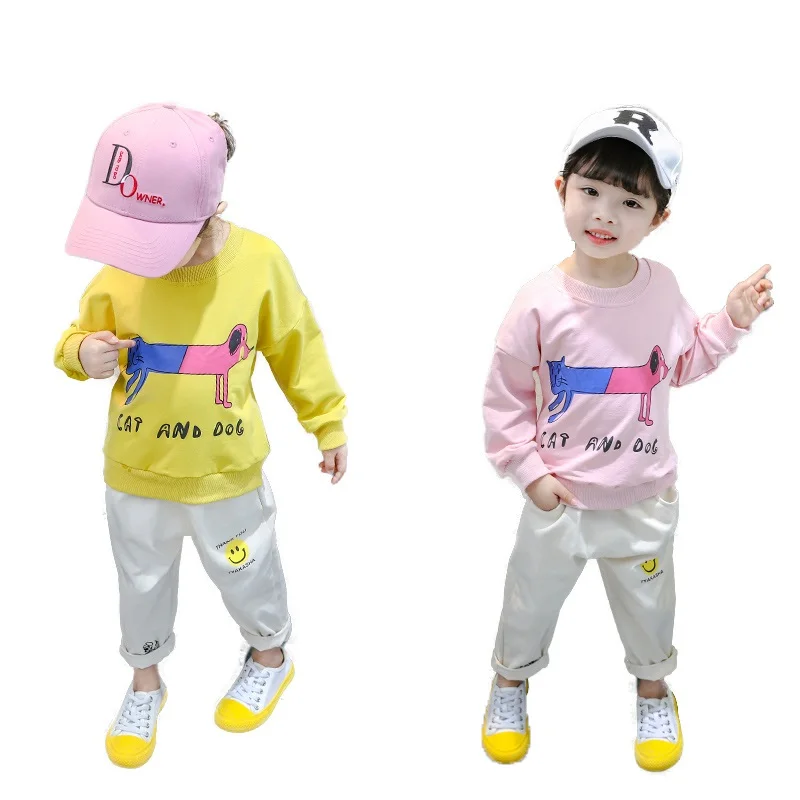 2019 new high quality cheap china spring autumn cute cartoon pig pattern 1 to 4 years two pieces girls wear clothes