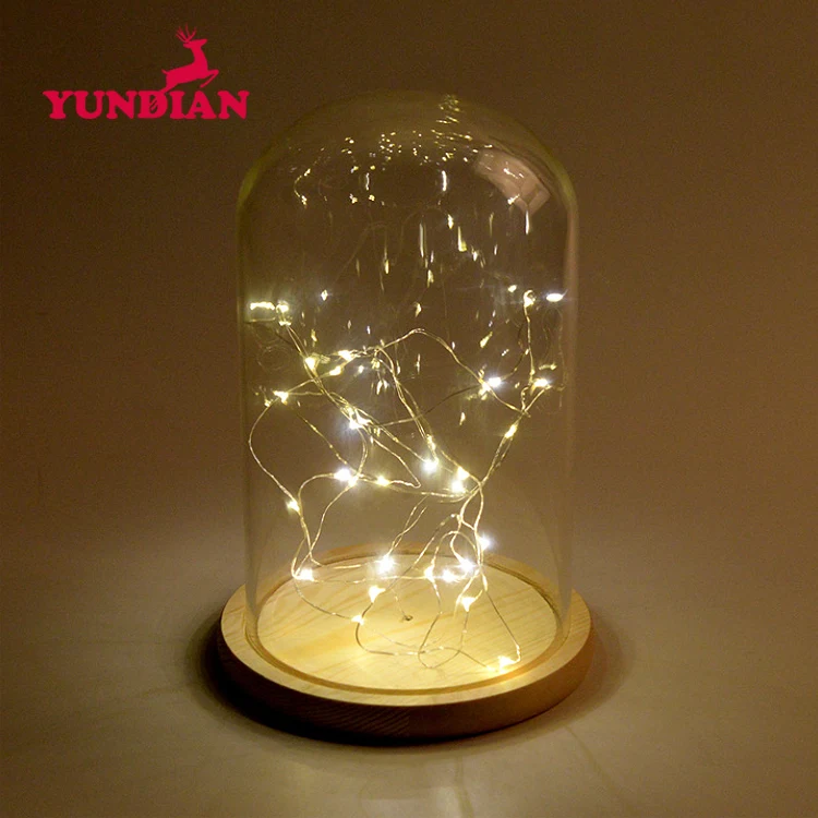 Wholesale Different Size Display Bell Dome Jar Transparent Clear Led Warm Lighting Glass Cloche With Wood Base For Home Deco