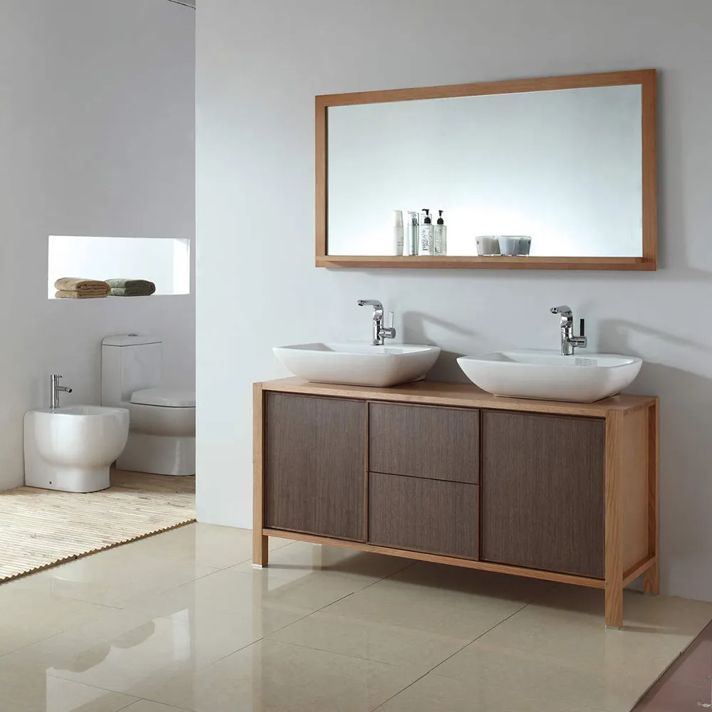 Double sinks bathroom furniture espresso finishing ash grey floor touched classical white solid wood bath vanity