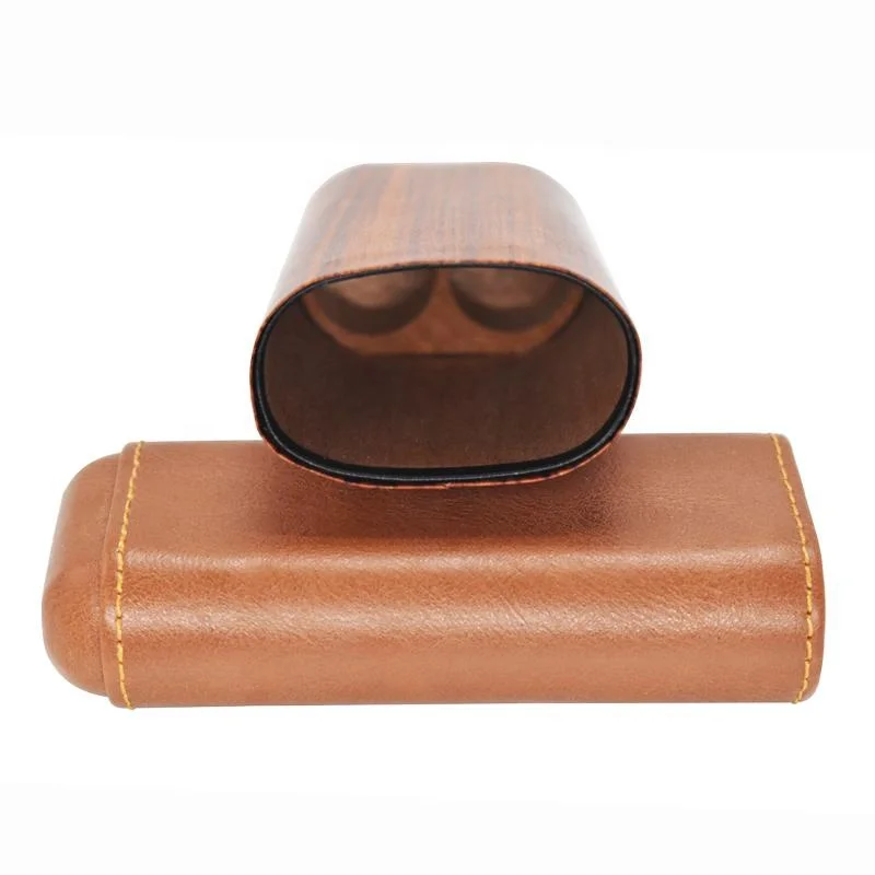 Leather 2 Tubes Cigar Case Portable Ebony Wood Mini Cigars Humidor