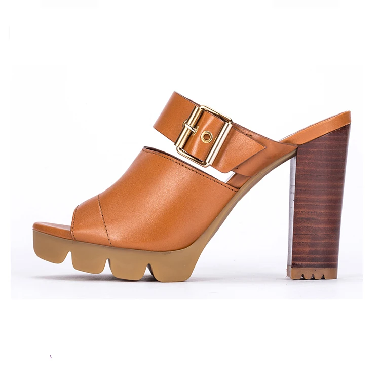 Camel genuine leather upper metal square buckle 6cm wide high heels for women shoes fashion ladies slippers sandals