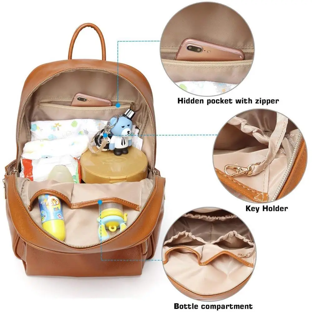 Custom logo Vegan  Leather Diaper Bag Backpack Nappy Bag Baby Bags for Mom