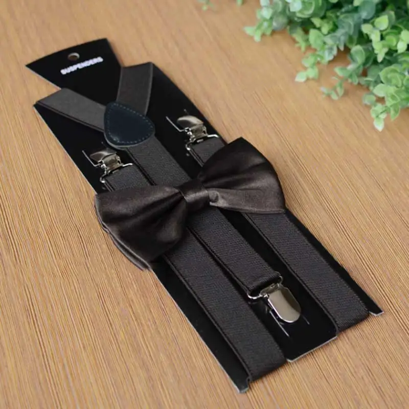 Men adult suspenders  bow tie set coffee suspenders  2.5 cm width 120 cm length 3clips sliver metal pu solid pattern low price