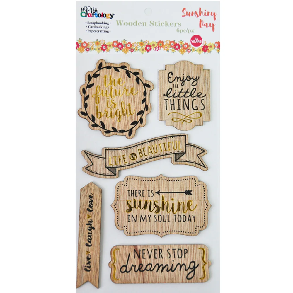 6pcs hot gold and black printed lovely diy wooden embellishment stickers
