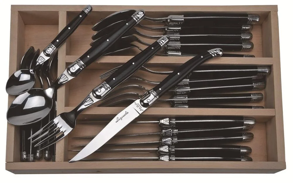 French Jean Neron 24 Piece Laguiole Stainless Steel Cutlery Couvert Set Wood Handle Steak Knife Fork Spoon With Wooden Box