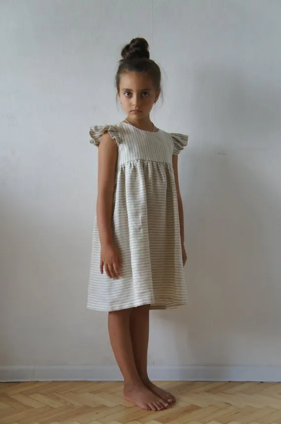 
Girl Summer Flutter Sleeve Dress Linen Tunic Dress White Grey Striped Baby Girls Party Wear Ruffle Princess Dress 