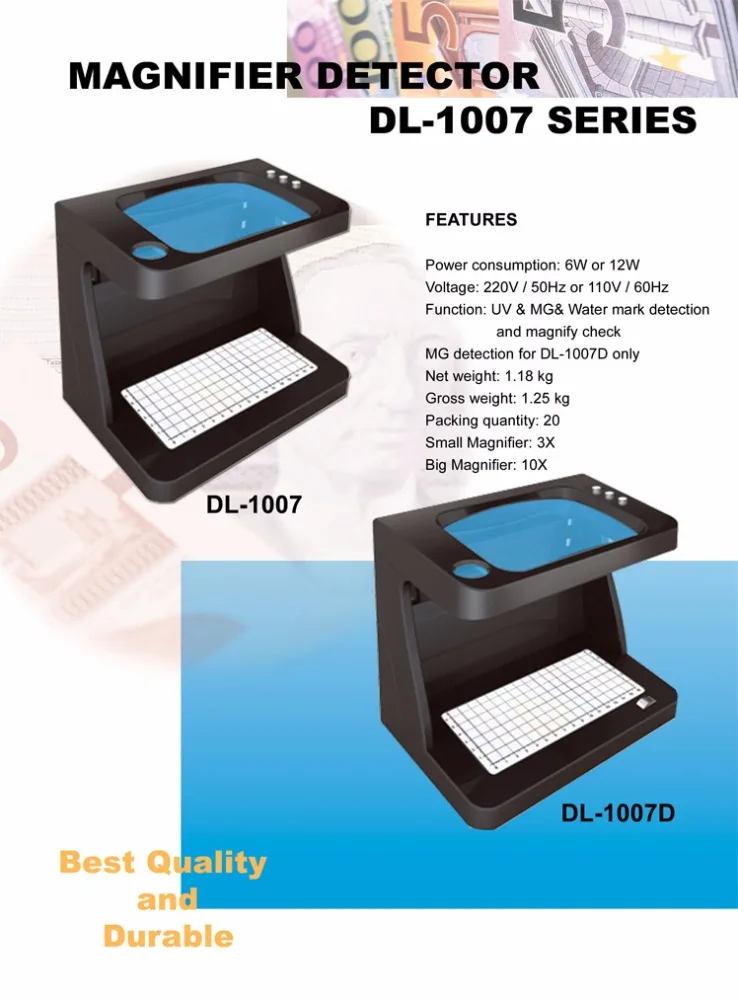 Desktop Professional UV MG Water Mark Magnifying Counterfeit Detection Banknote Currency Bill Money Detector DL-1007D