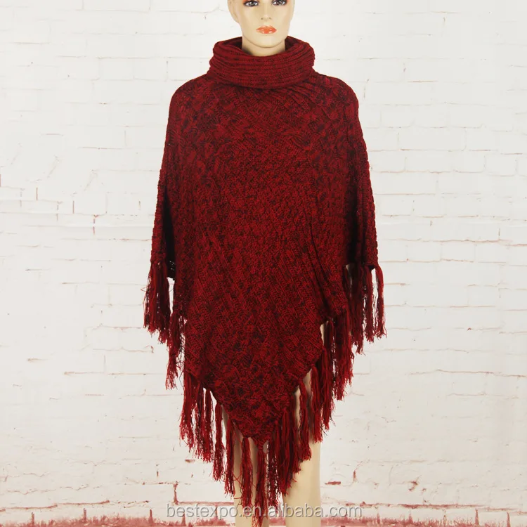 
wholesale winter knitted poncho with fringe choker cashmere pullover sweater women wool cloak 