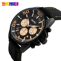 SKMEI 9154 mens luxy three dial genuine leather quartz watch