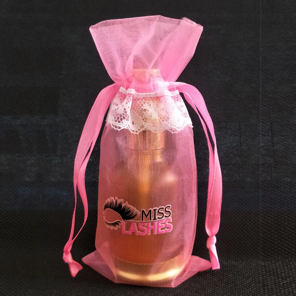 custom organza fabric cosmetic lashes pink bag with white lace