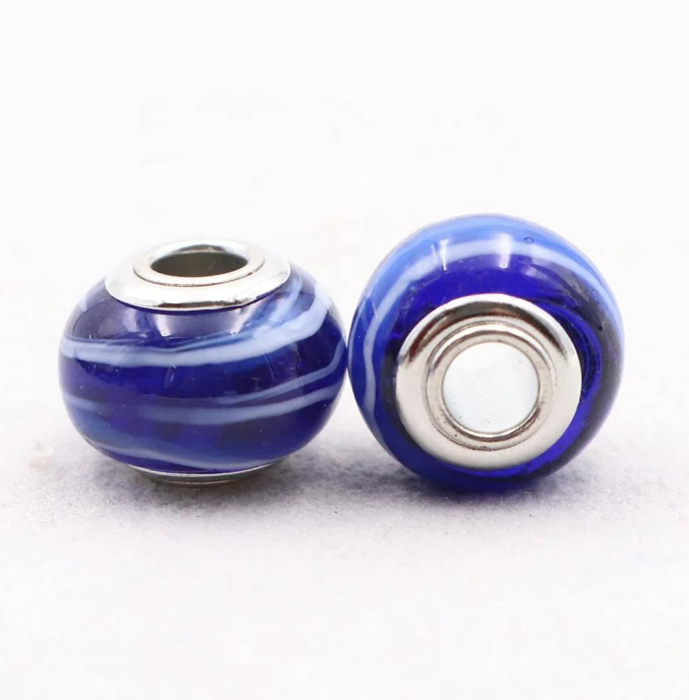 Wholesale Mix in Bulk Blue Series Silver Plated Core Large Hole Beads Murano Glass Big Hole Beads European Bracelet Charms