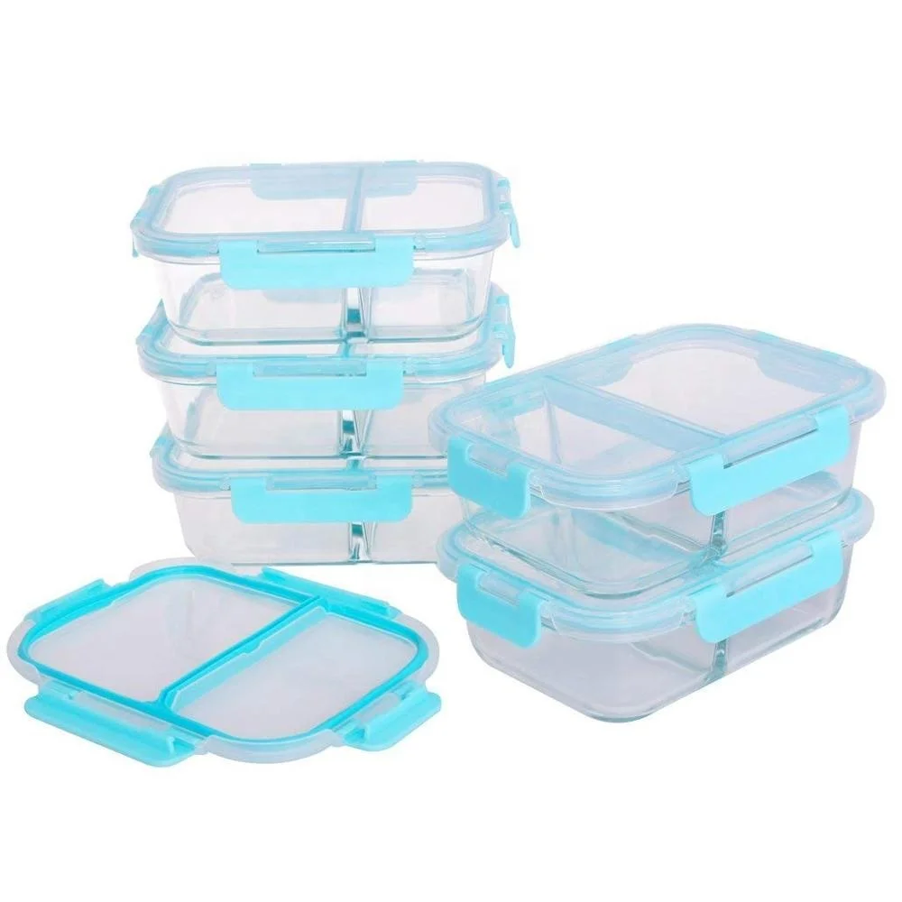 Amazon Hot Selling 5 Pcs Glass Meal Prep Containers 2 Compartment set with Removable Snap Lids
