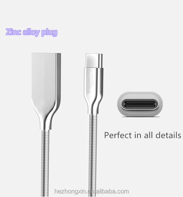 Hot sale Zinc Alloy metal Spring Data Line metal usb type c cable USB C CHARGER CABLE