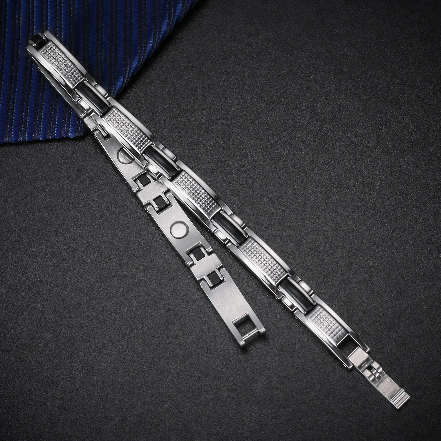 Health Care Therapy 316L Stainless Steel Magnetic Black Couple Rubber Bracelets