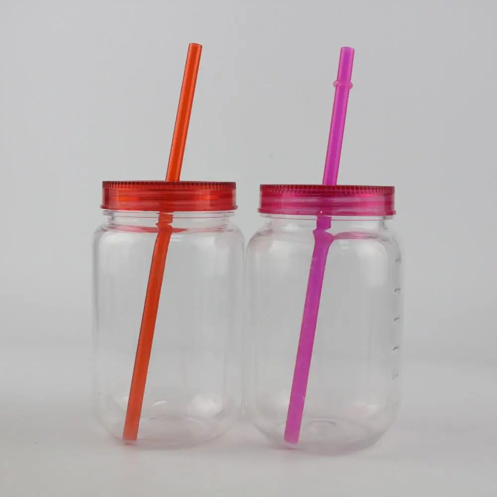 Round Shape Mason Jar with Plastic Straws. 18 Oz. Each. Old Fashion Drinking Glasses - Pack of 4.
