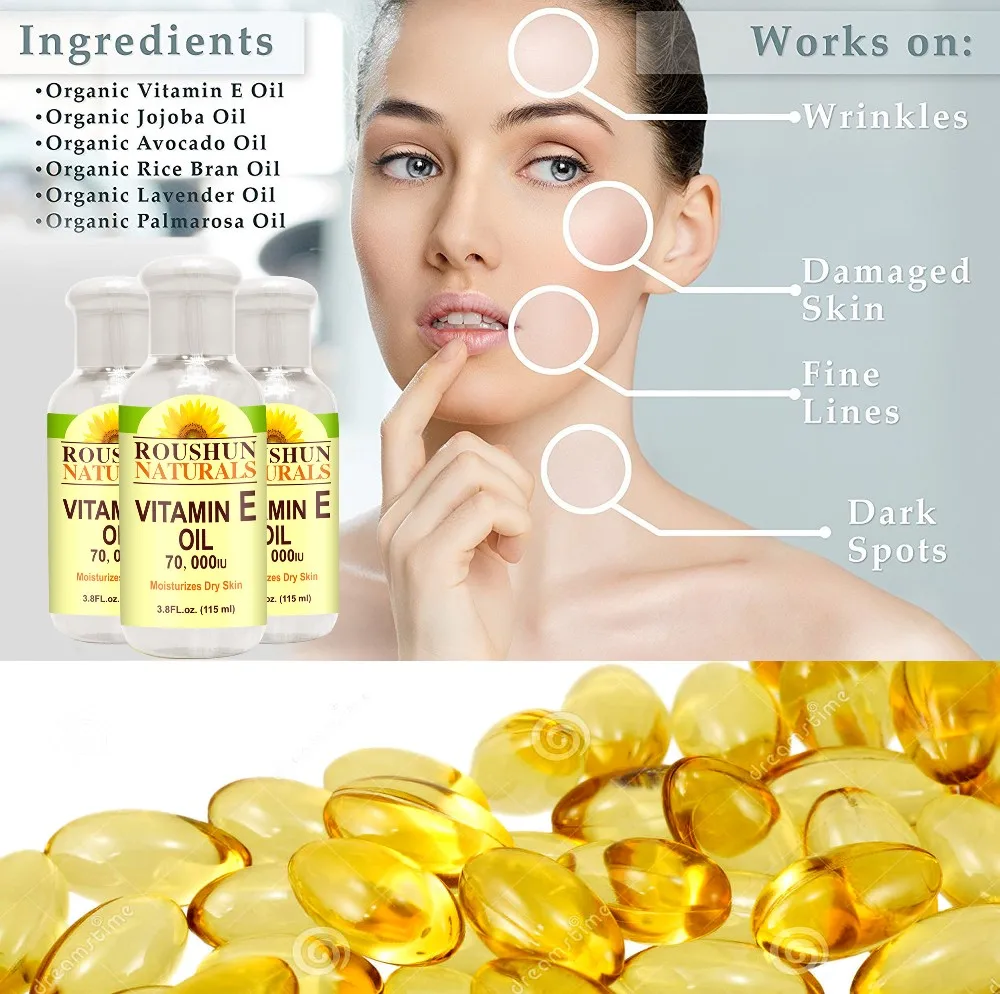 ROUSHUN OEM Private Label Naturals vitamin e oil for skin care whitening Moisturizing dark spot removal