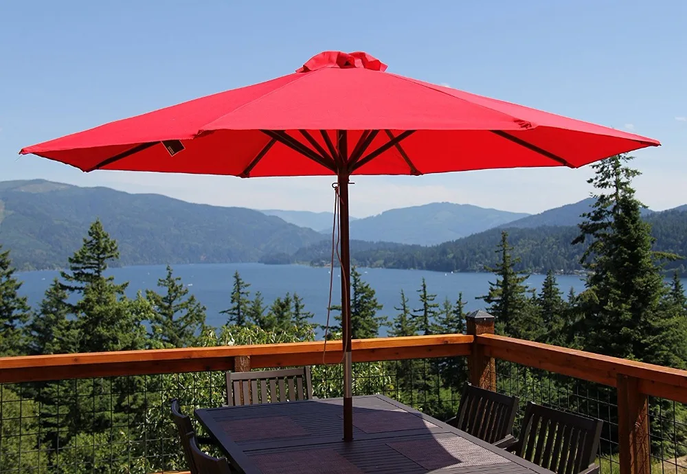 2.7M Wooden Patio Garden Umbrella Sun Shade Outdoor Cafe Beach Parasol Canopy 8 Ribs 38MM Pole W/ Air Vent 220g Polyester