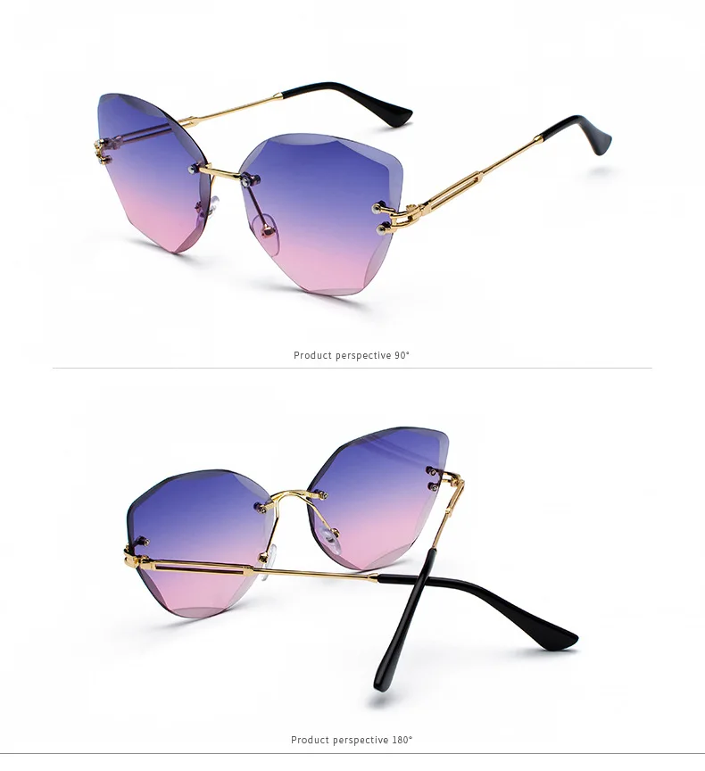wholesale ocean gradient color cutting lens rimless sun glasses women fashion shades cateye sunglasses