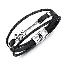 Trendy Stainless Steel Music Festival Guitar Men Leather Rope Bangle Bracelet