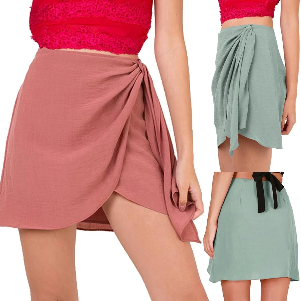 2019 Summer New Style Sexy Asymmetrical A Line Cotton Sweet Women Skirt Solid Color Beach Short Skirt