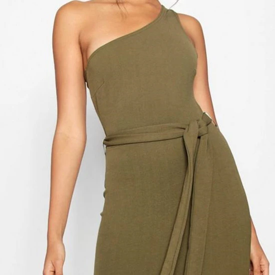 Summer Beach One Shoulder Rib Fabric Belted Midi Dress