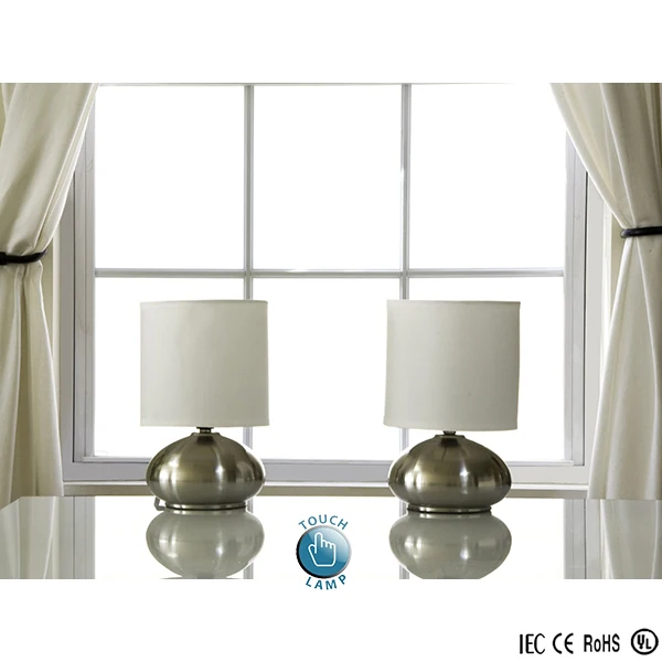 
2017 Hot Selling Brushed Nickel 2 Pack Mini Touch Lamp/Bedside Sensor Table Lamp with Fabric Shades 