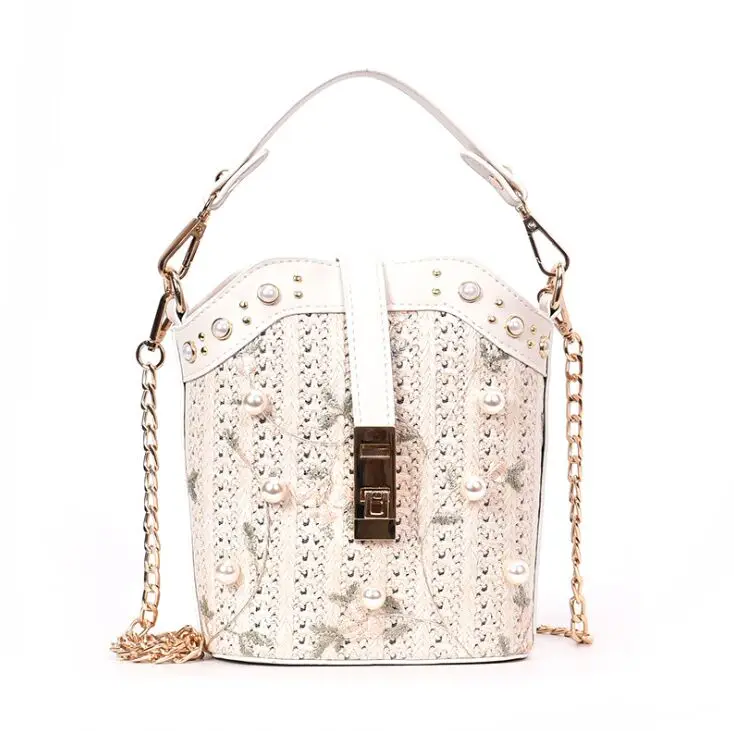 Pearl Lace Flower Handwoven Rattan Weave Summer Straw Clutch Shoulder Bags Women Handbags Beach Bag Tote Bag