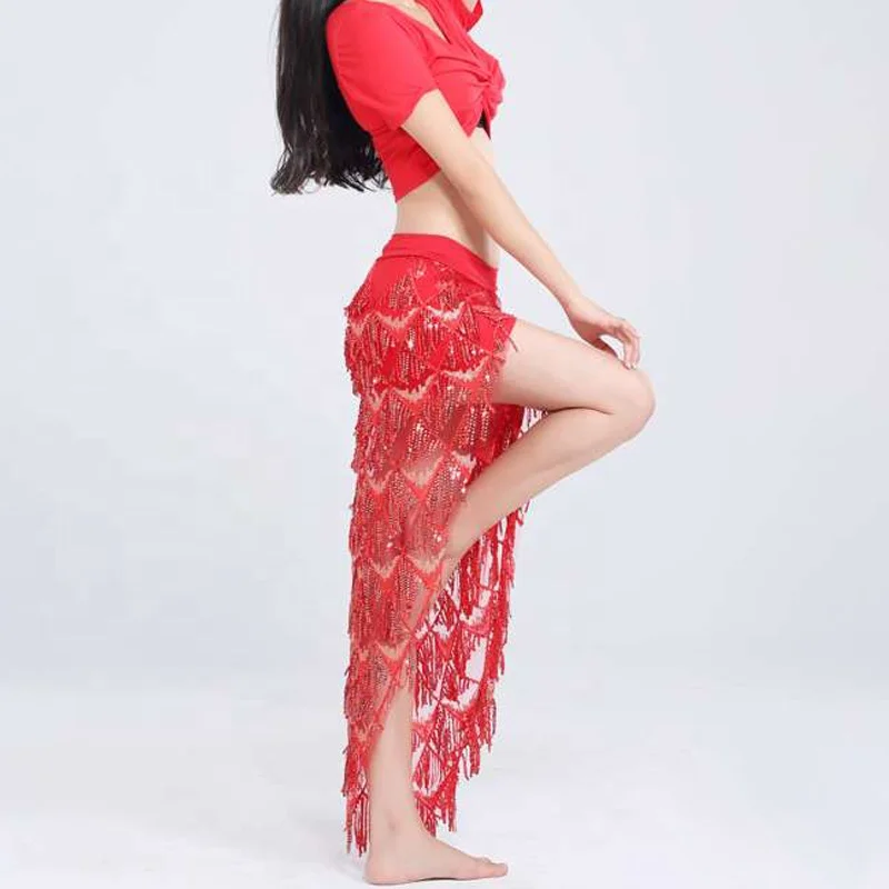 Bestdance Sequin Tassel Hip Scarf Skirt Belly Dance Costumes Triangle Fringe Shawl Skirts