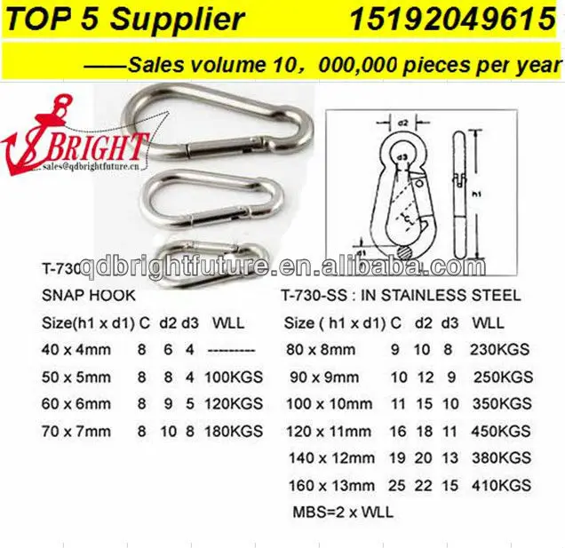 Polished DIN5299 form C, SS.316 steel snap hook