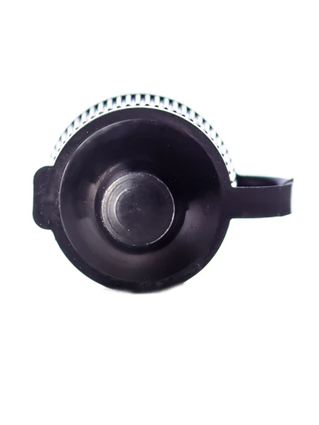 Black PP 15-410 ribbed skirt dispensing lid with strap cap