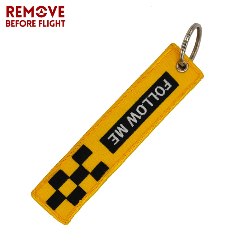 Remove Before Flight Keychain FOLLOW ME Yellow Keychain Jewelry Embroidery Safety Tag  Fashion Sleutelhanger