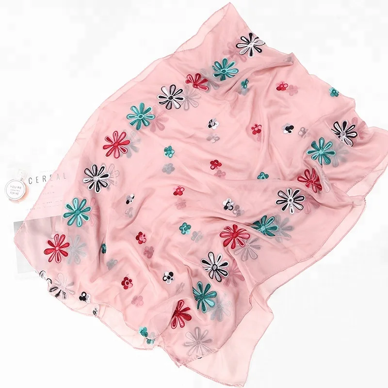 Wholesale Fashion Indian Nepal 2020 Elegant Women Spring Summer Literature And Art Embroidery Flower Silk Scarf Shawl Scarves