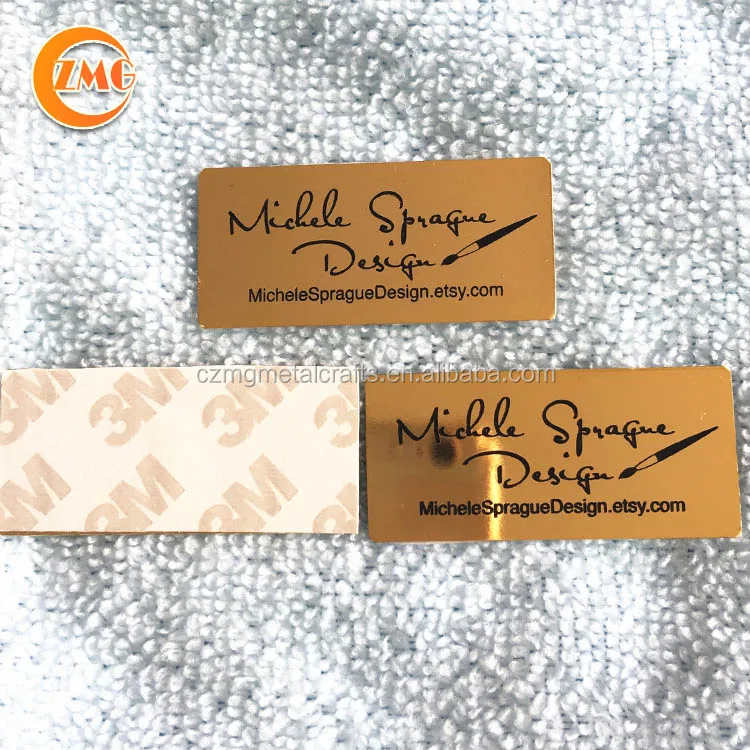 best selling cheap high quality shiny gold finished and white printed small rectangle adhesive metal tag