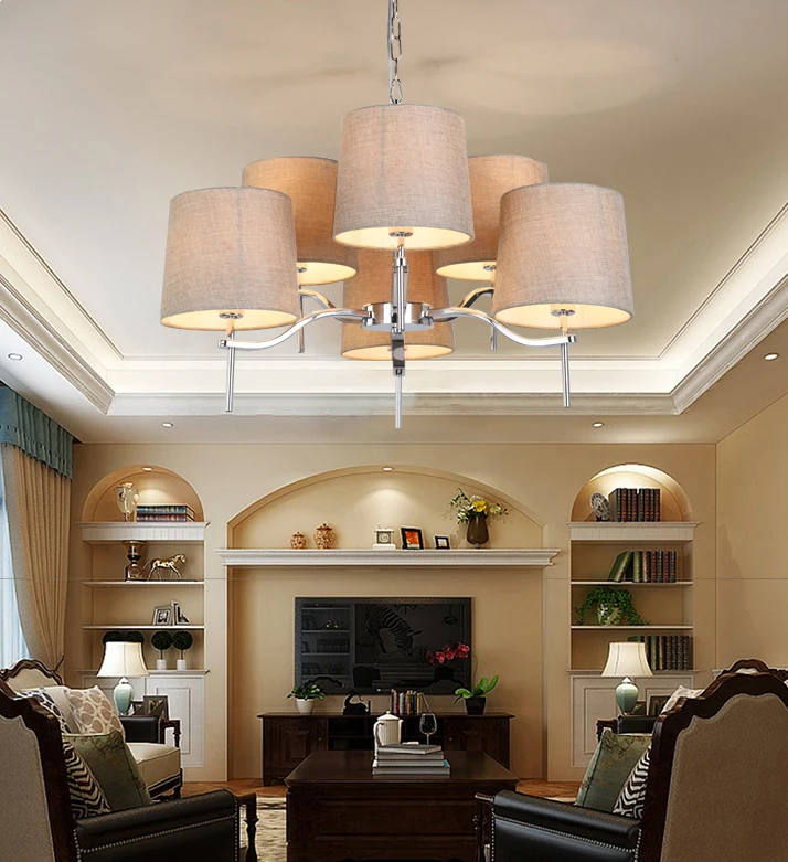 Traditional concise fashionable fabrics lampshade 6 lamp head chrome-plated living room bedroom hotel chandelier