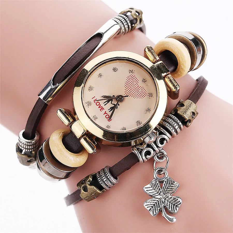 Wholesale cheap price Fashion Women Casual Leather watches Flower pendant  lady delicate Weave Wrap bracelet Watch in Yiwu