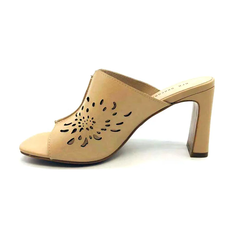 Wholesale Fashion High Heel Leather Slippers for Ladies Summer Chrysanthemum Hollow Design Anti-Slip Breathable Disposable