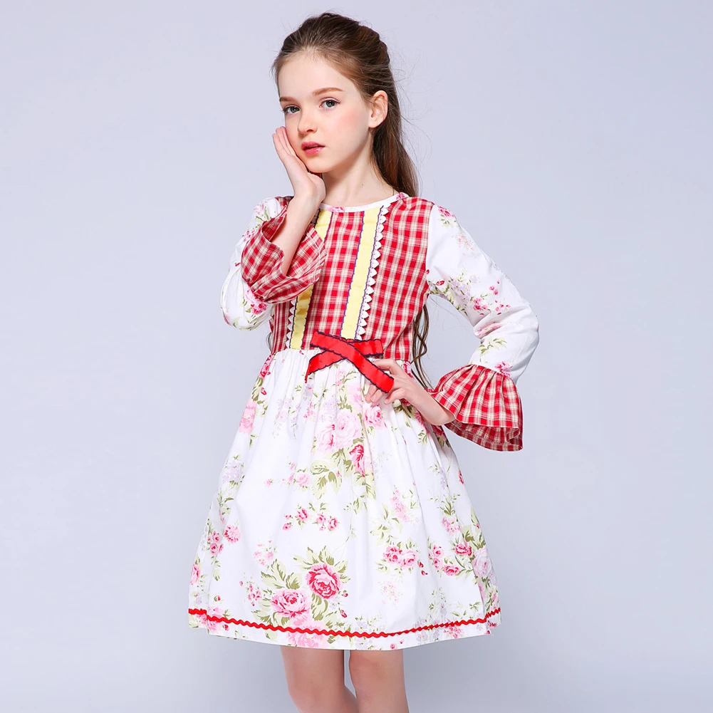 Kseniya Kids Pink Floral Plaid Patchwork Petal Sleeve Fancy Dress For Indian Girl Party Communion Girls Floral Dresses