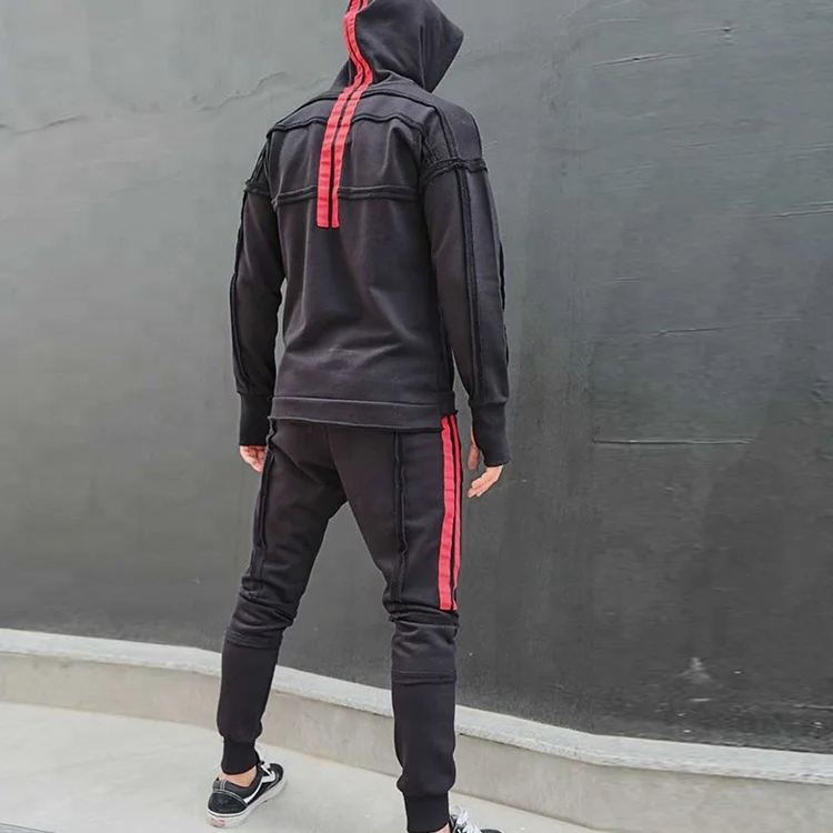 Stylish Street Edgy Vibe Black Sweatshirt Side Striped Streetwear Tracksuit With Red Striped