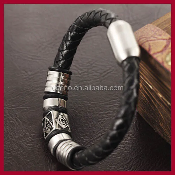 Masonic Style Braided Leather Bracelet Stainless Steel Masonic Charm Bracelet With Magnetic Clasp Masonic Bracelet