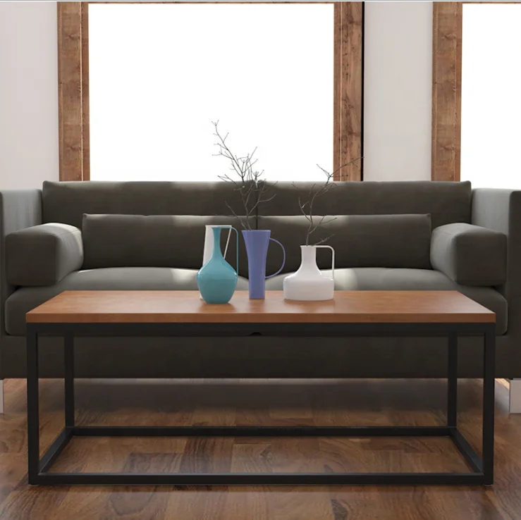 Wooded desktop metal frame leg rectangular coffee table for living room furniture
