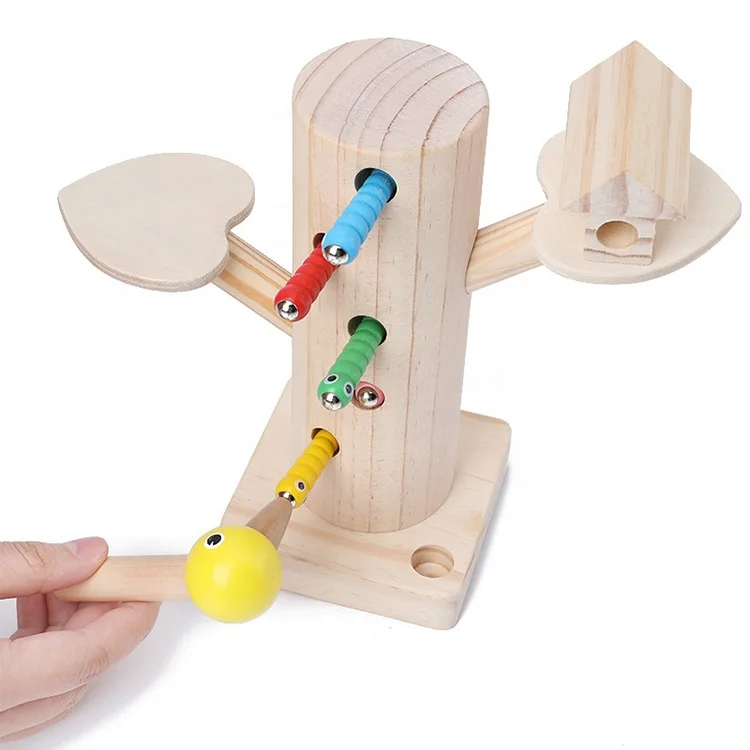 educational wooden toys learning magnetic woodpecker catching insect game wooden catching worms game toys
