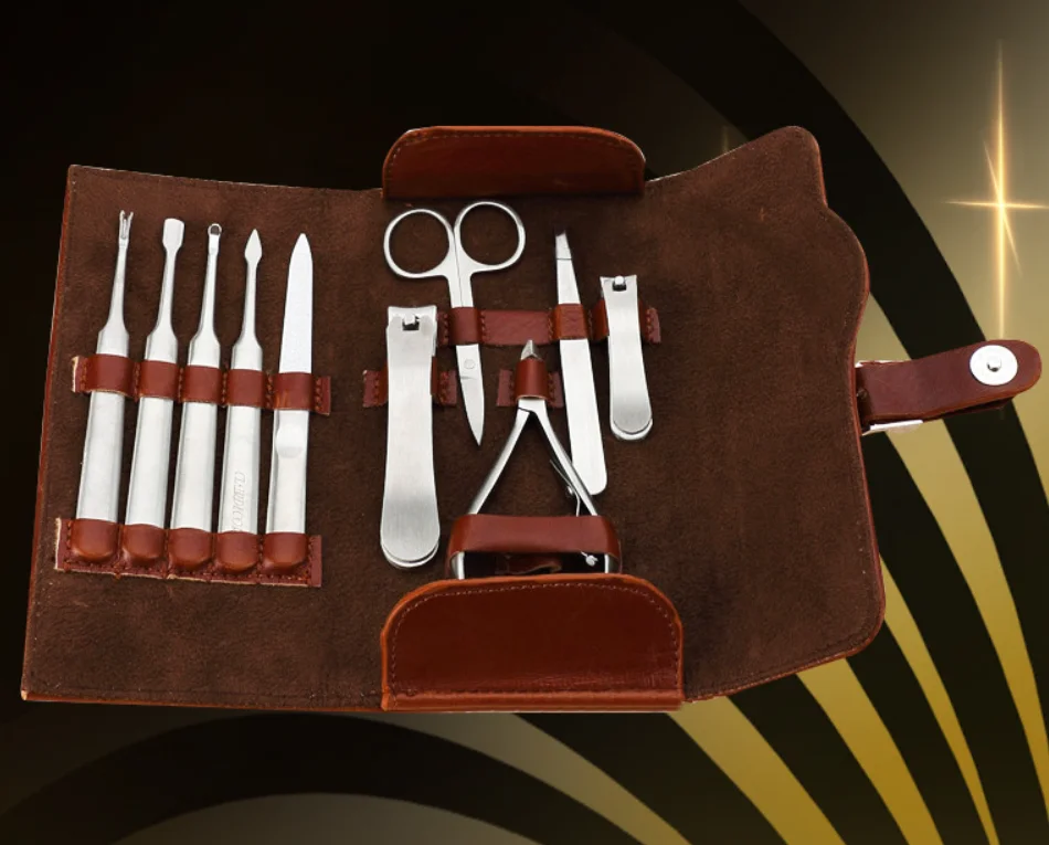 2020 high quality luxury leather multifunction  OEM 10 in 1 nail tools for gift gold color mens manicure_pedicure_set
