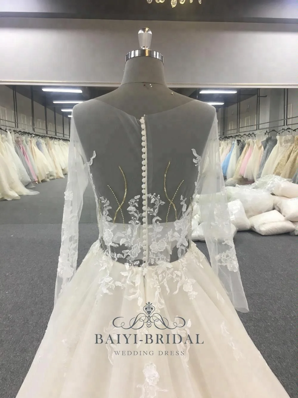 Custom Made Lace Wedding Dress Bridal Gown Golden Crystals Transparent Long Sleeve Bridal Dresses Plus Size Women Dresses