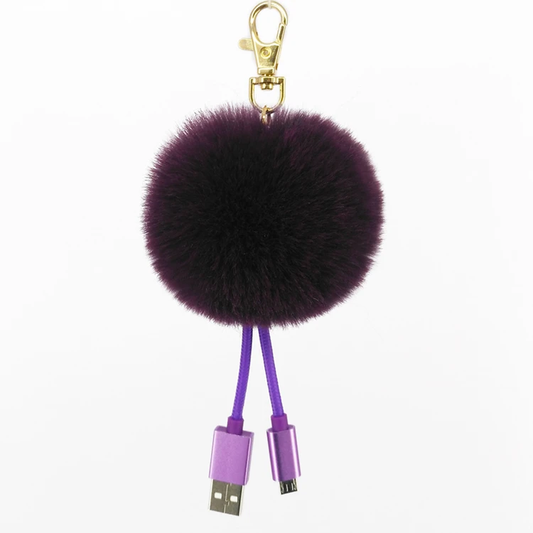 Yonze usb fluffy puff ball bag charm fur pom-poms fashion fake fur handbag usb cable charger plush keychain