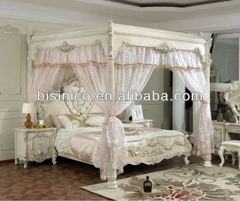 Elegant New Classical Dainty Princess Wedding White Bed, Solid Wood Hand Made Canopy Bed For Bedroom Furniture B21377