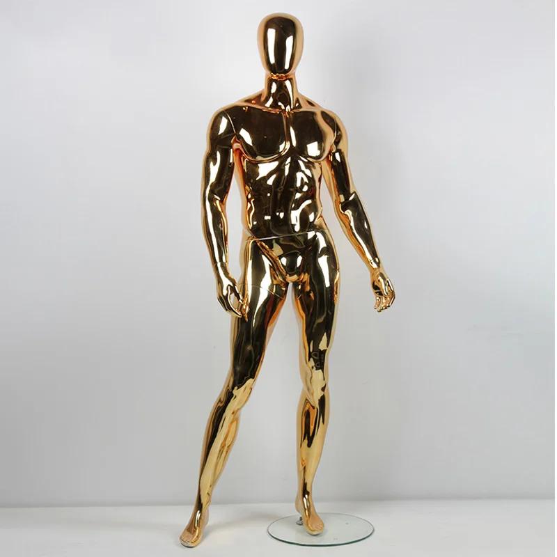 Full body gold chrome fiberglass male mannequin with egg head
