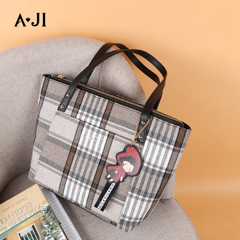 
AJI Large Capacity PU+Canvas Plaid Fashion Design Women Tote Bag European Shoulder Bags For Leisure 