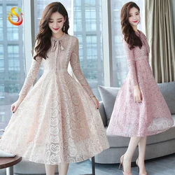 Lace hook flower openwork dress lady small fragrance in the long section autumn and winter long sleeves slim temperament skirt