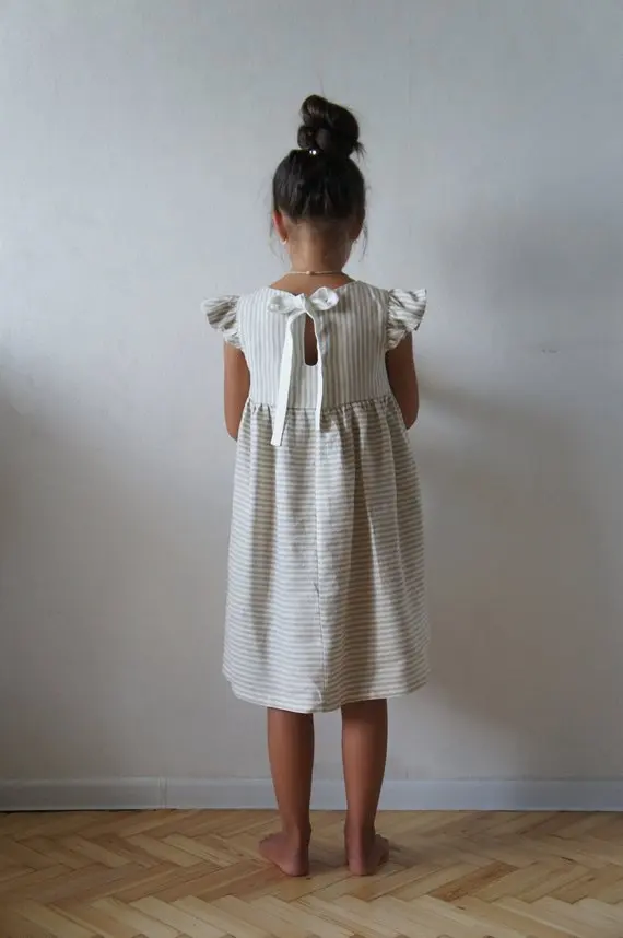
Girl Summer Flutter Sleeve Dress Linen Tunic Dress White Grey Striped Baby Girls Party Wear Ruffle Princess Dress 