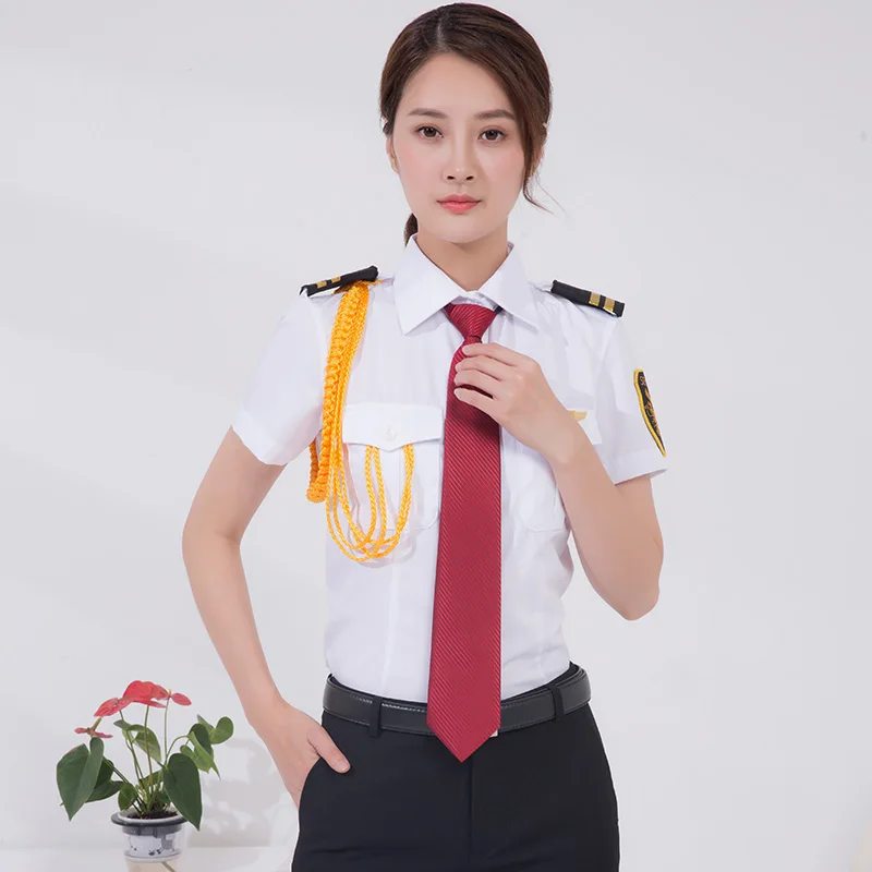 White short sleeve security guard uniform shirt for woman with cap